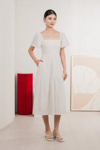 Jacqueline Crochet Pleated Midi Dress In Soft Ivory