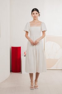 Jacqueline Crochet Pleated Midi Dress In Soft Ivory