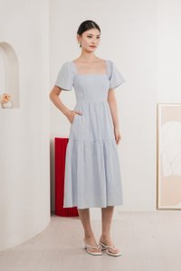 Jacqueline Crochet Pleated Midi Dress In Winter Blue