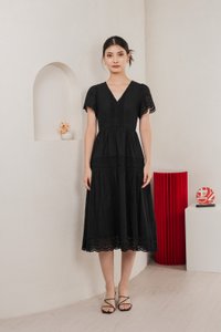 Kathryn Crochet Eyelet Midi Dress In Black (XS)