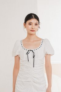 Rose Ruched Ribbonette Midi Dress In White