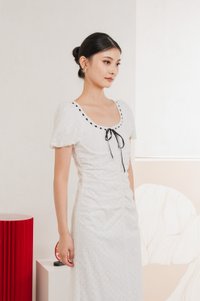 Rose Ruched Ribbonette Midi Dress In White