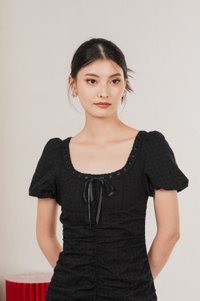 Rose Ruched Ribbonette Midi Dress In Black (XS)