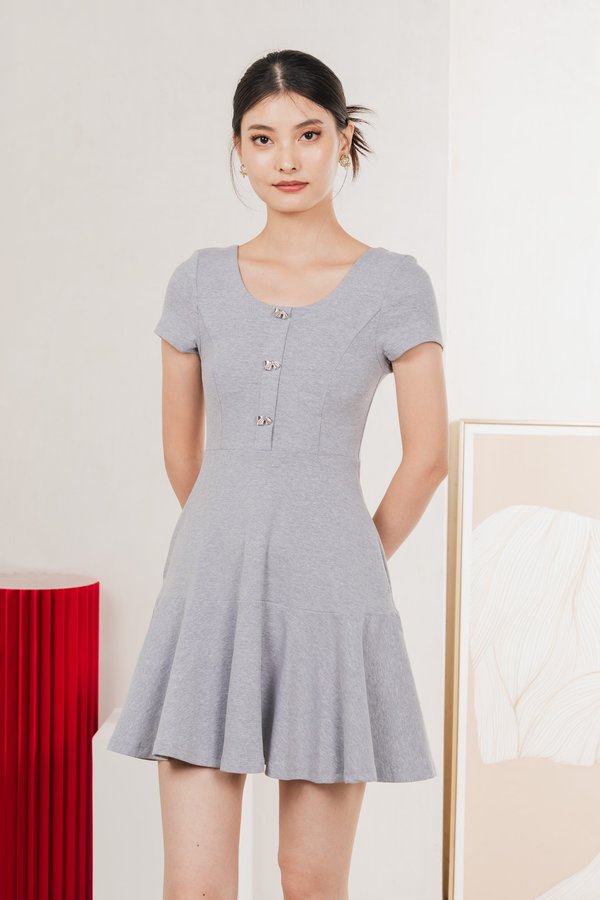 Caspia Ribbon Button Cotton Dress In Grey