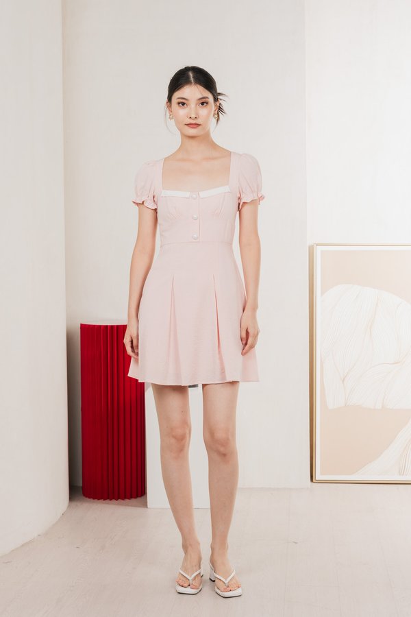 Ari Button Pleated Dress In Pink