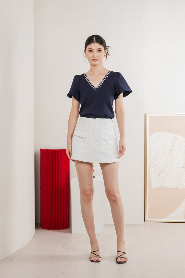 Brittany Embroidery Floral Top In Navy