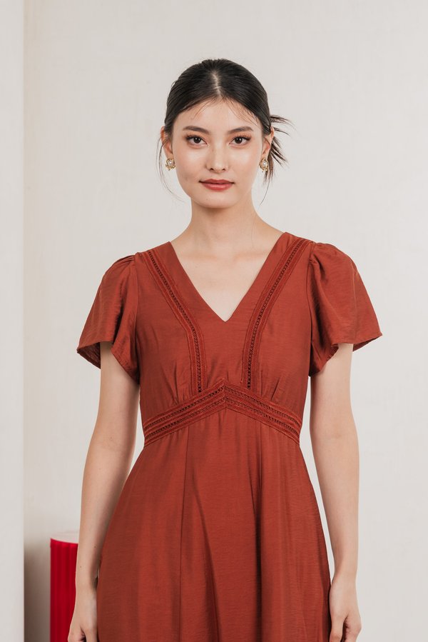 Remi Crochet Flare Sleeve Midi Dress In Rust