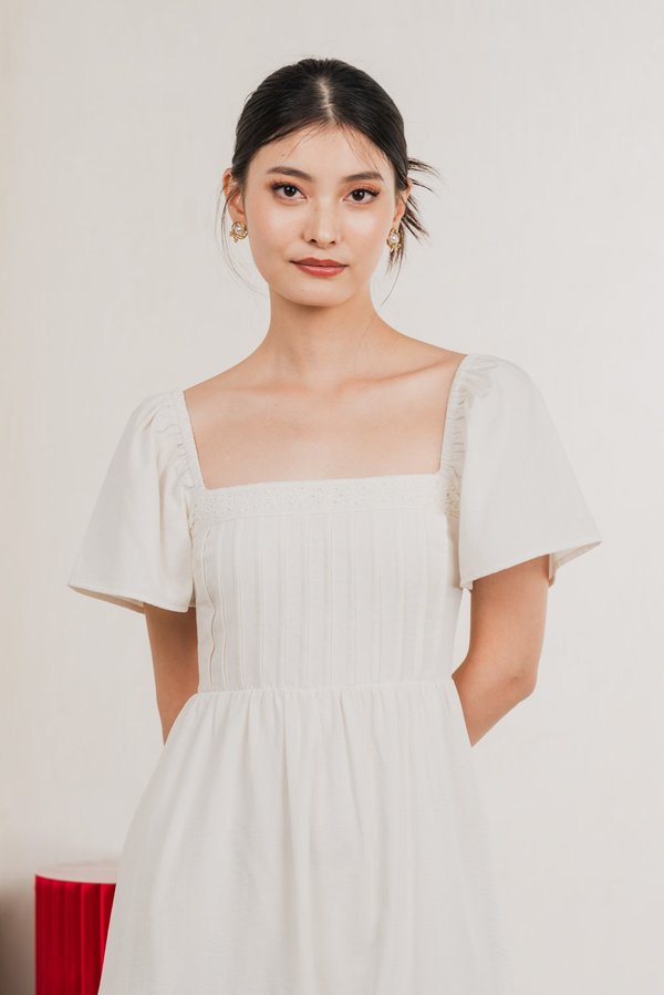 Jacqueline Crochet Pleated Midi Dress In Soft Ivory
