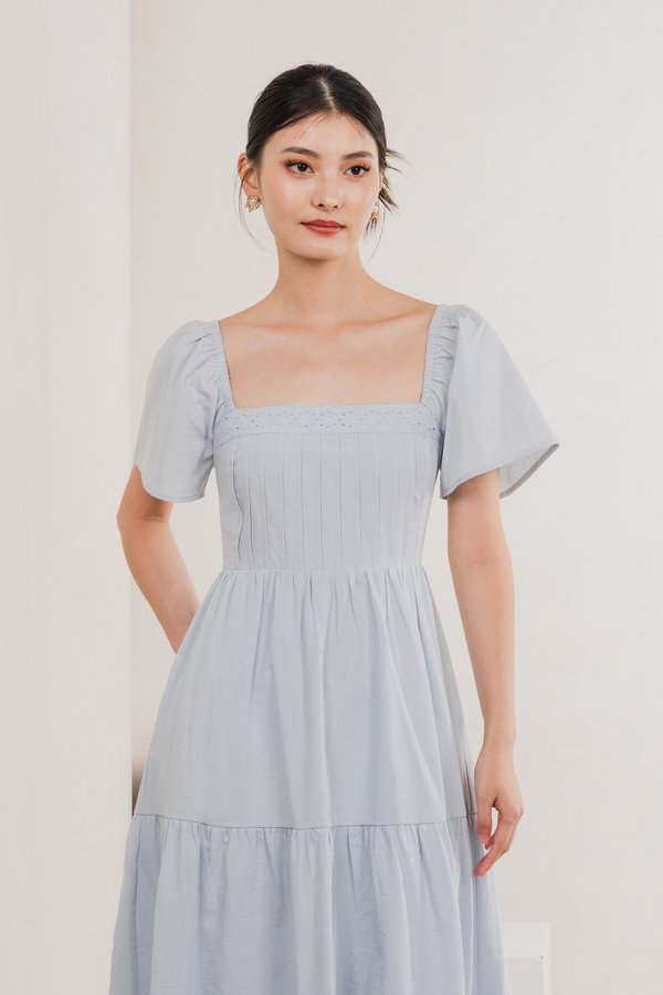 Jacqueline Crochet Pleated Midi Dress In Winter Blue