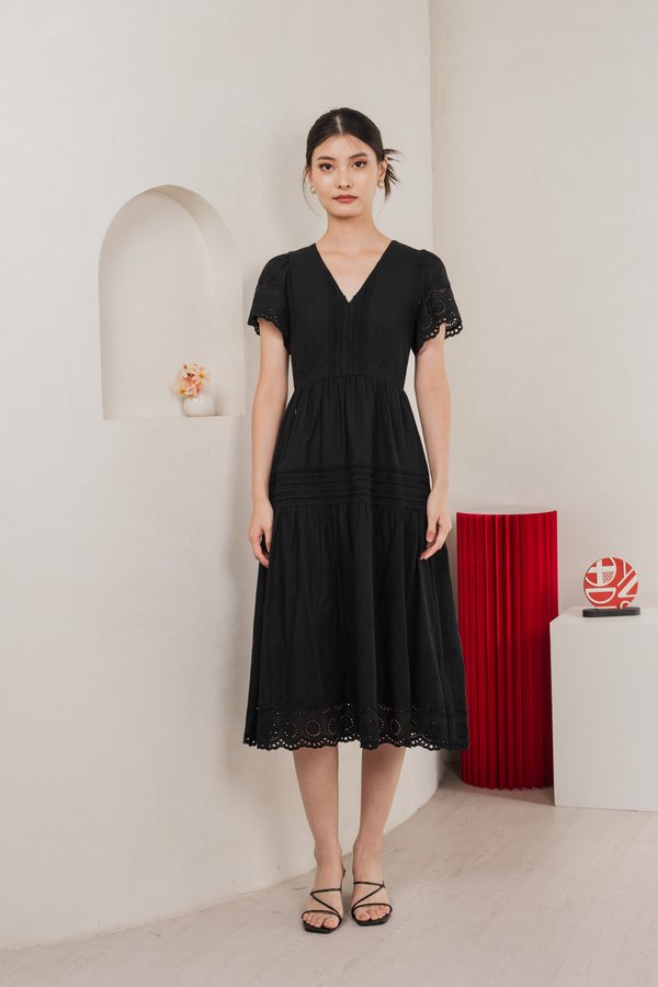 Kathryn Crochet Eyelet Midi Dress In Black