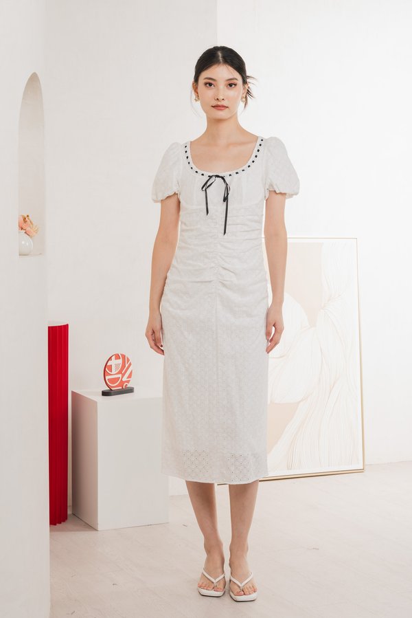 Rose Ruched Ribbonette Midi Dress In White