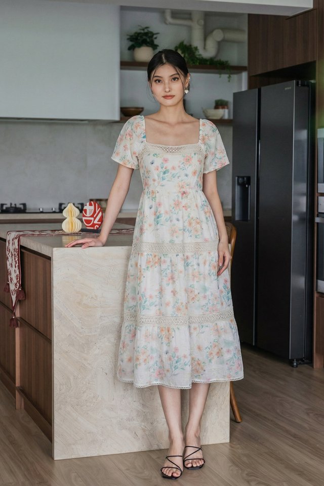 Sakura Crochet Tier Midi Dress In Peach
