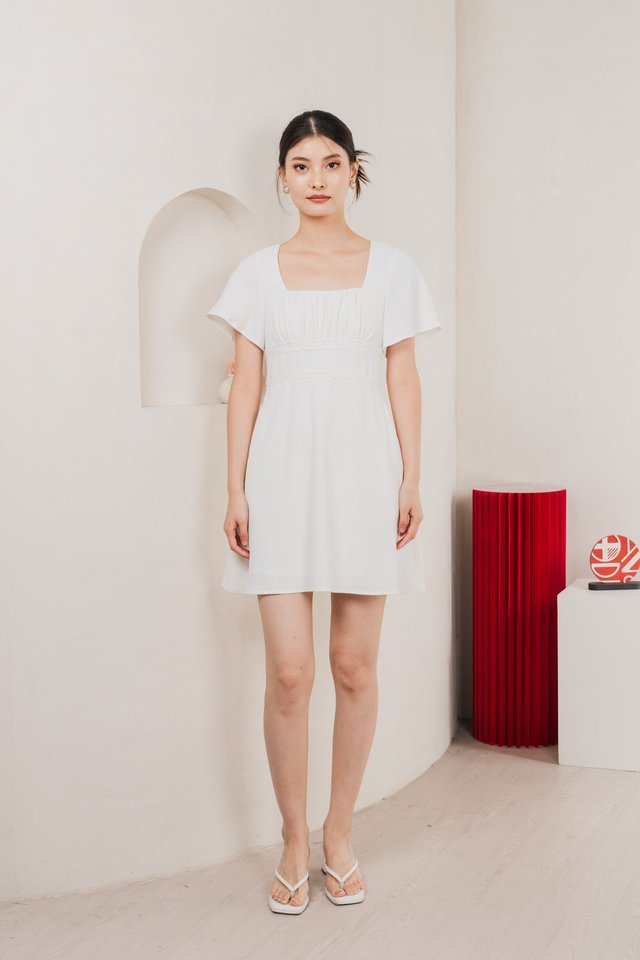 Calantha Ruched Crochet Dress In White