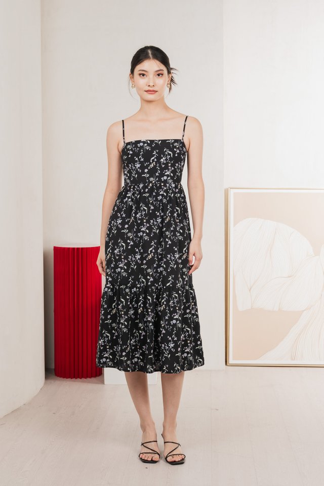 Tayra Floral Print Camisole Midi Dress In Black