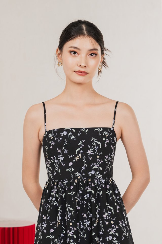 Tayra Floral Print Camisole Midi Dress In Black