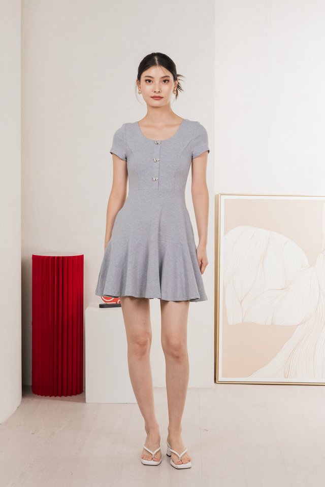 Caspia Ribbon Button Cotton Dress In Grey