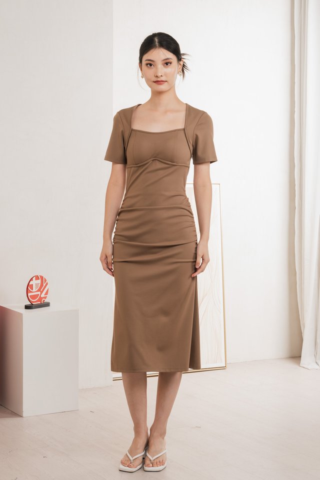 Jayda Padded Open Back Midi Dress In Khaki