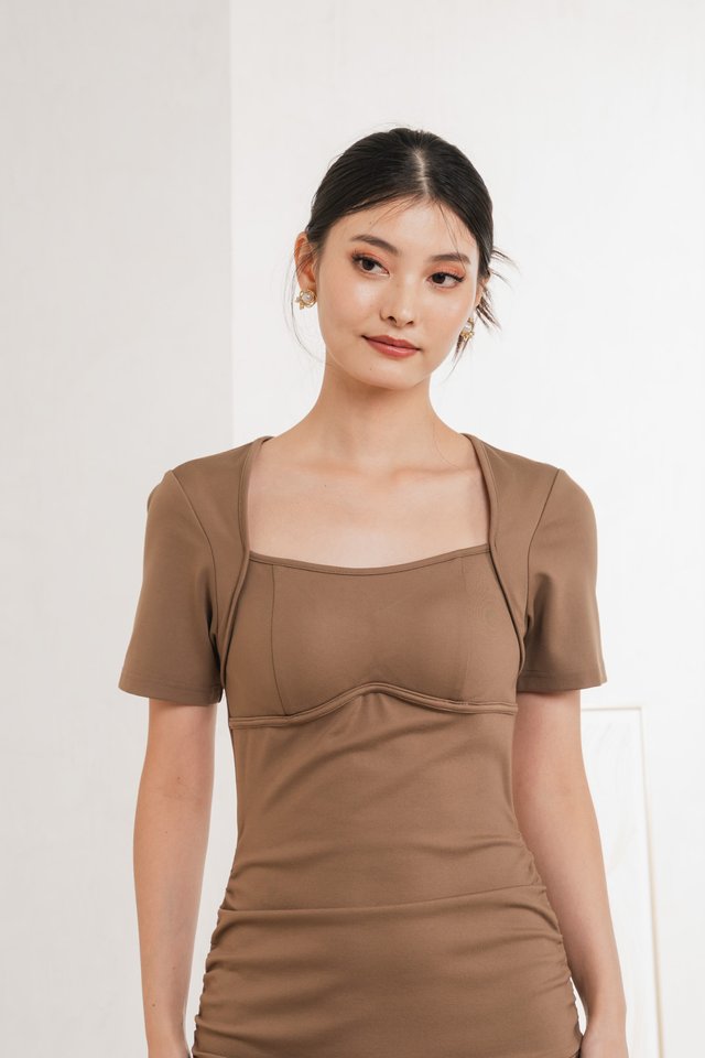 Jayda Padded Open Back Midi Dress In Khaki