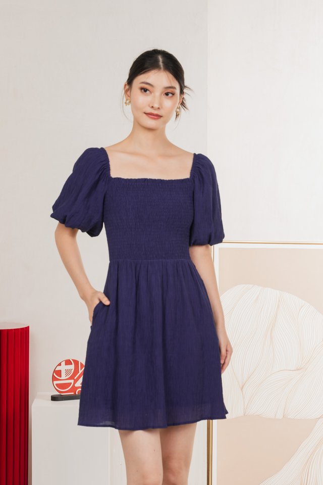 Dewdrop Textured Smocked Dress In Navy