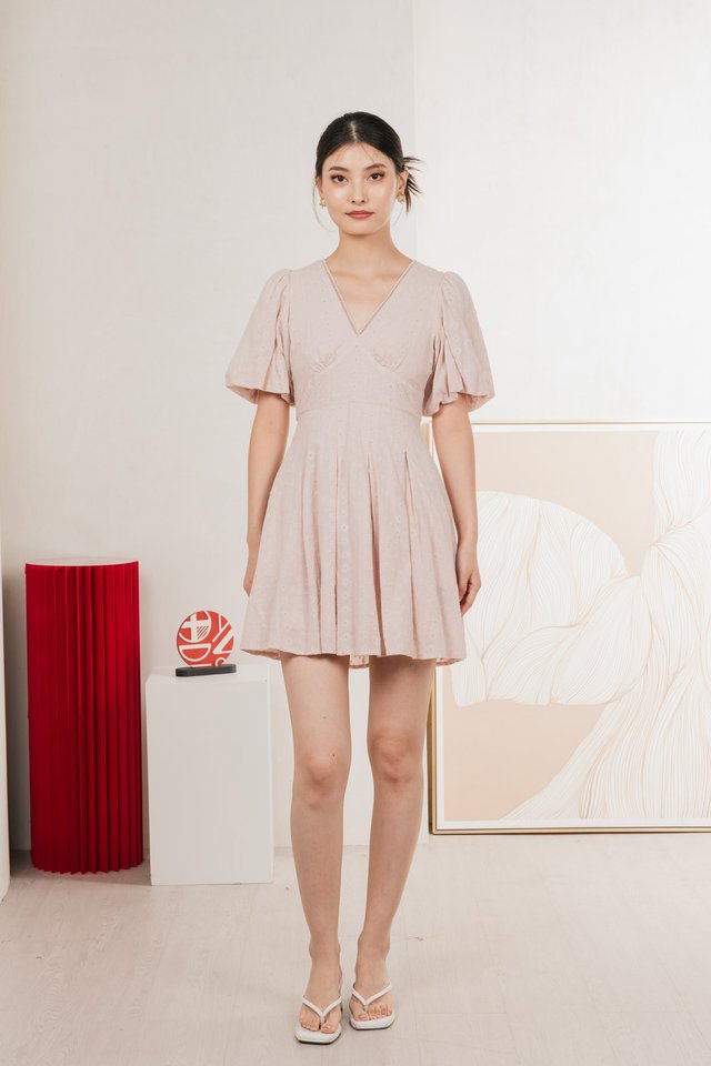 Esme Empire Broderie Dress In Dusty Pink