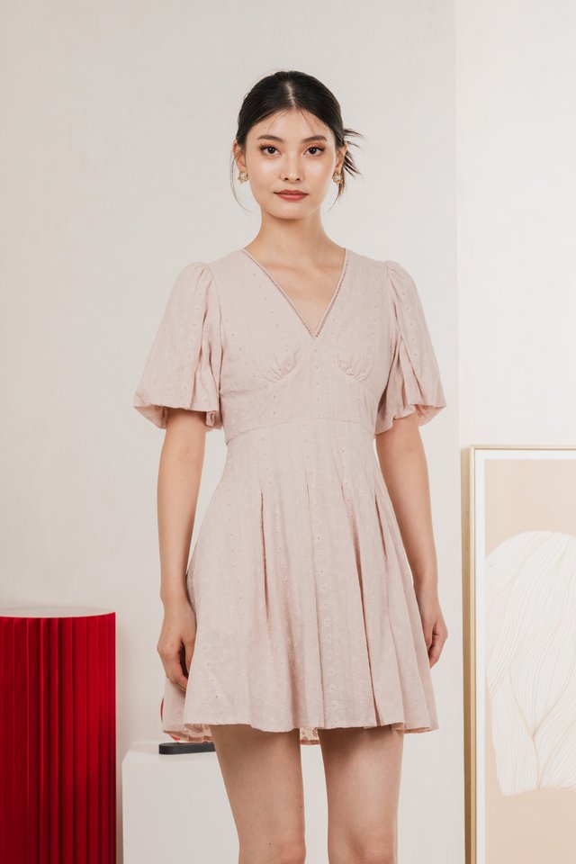 Esme Empire Broderie Dress In Dusty Pink