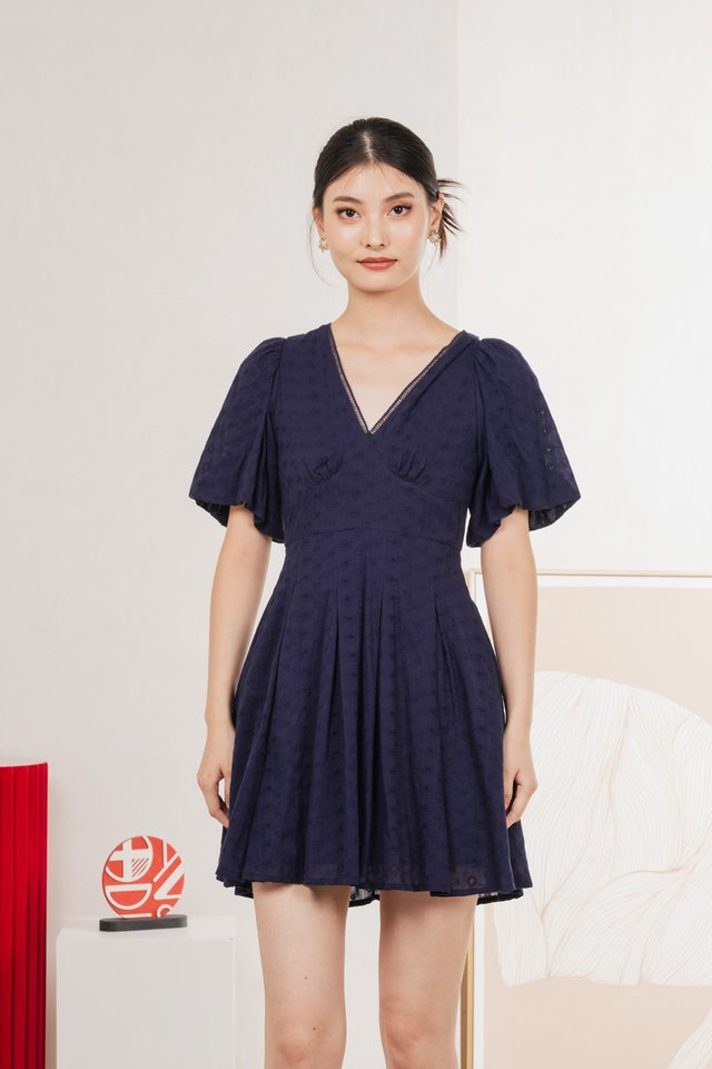 Esme Empire Broderie Dress In Navy