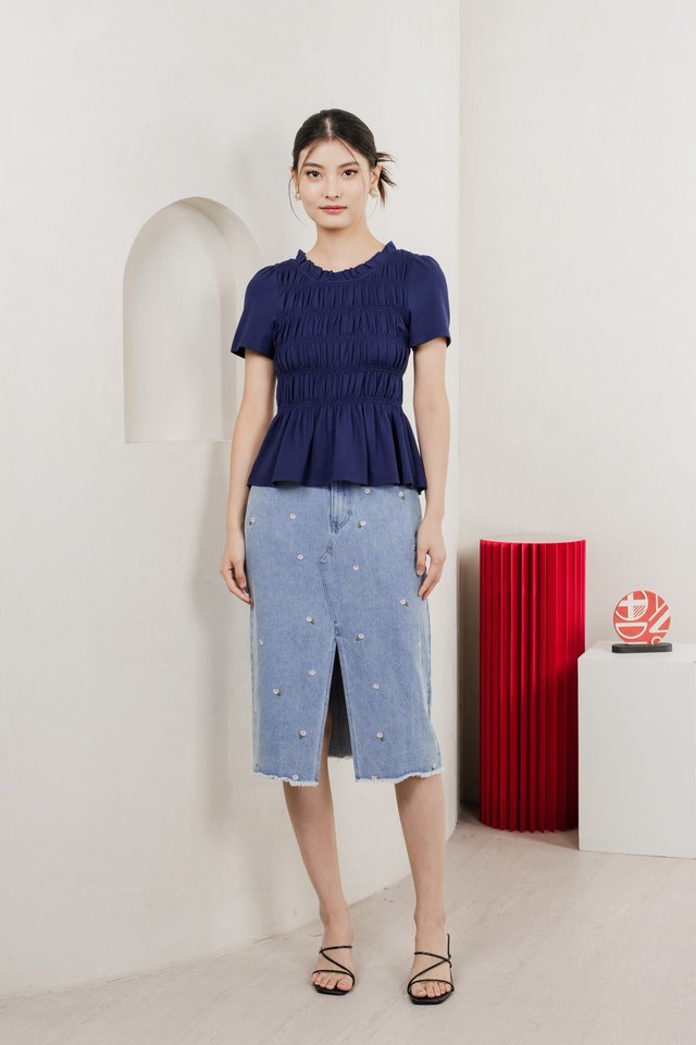 Alya Cotton Smocked Top In Navy