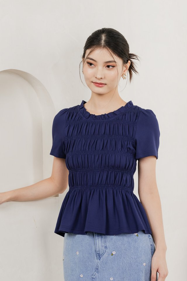 Alya Cotton Smocked Top In Navy