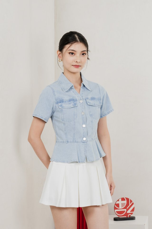 Elfa Denim Panelled Button Top In Light Wash