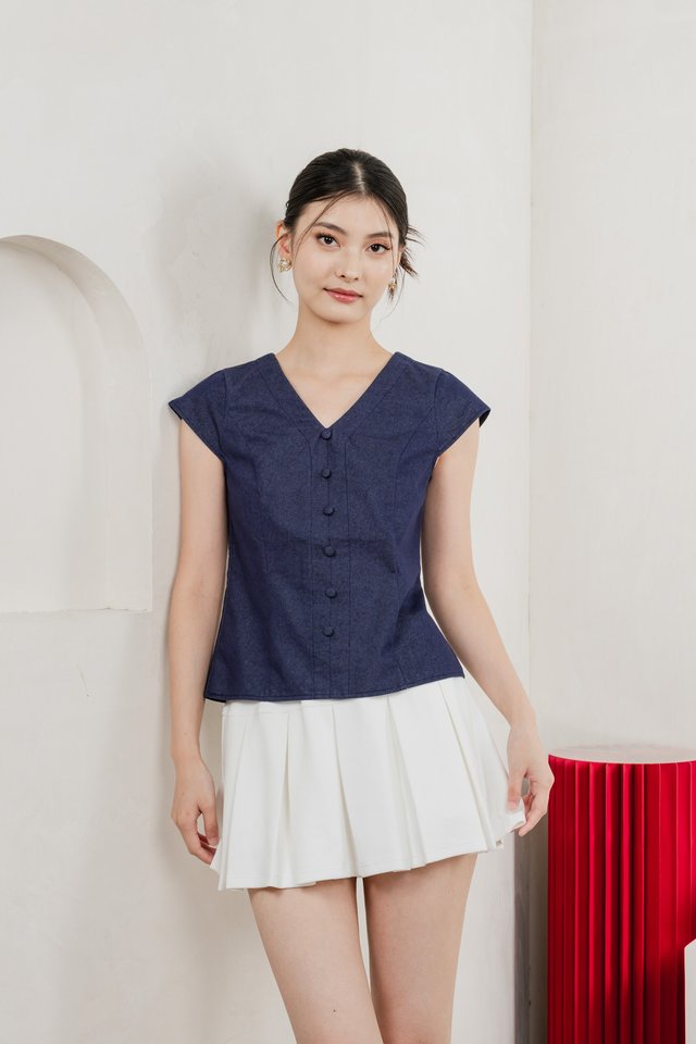 Bluebell Cap Sleeves Button Top In Dark Wash