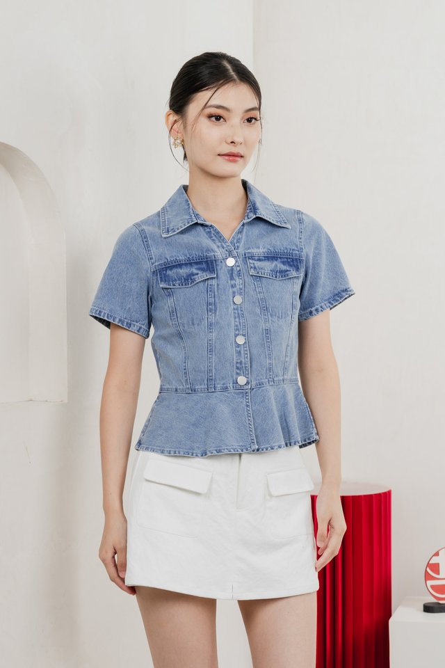 Elfa Denim Panelled Button Top In Dark Wash