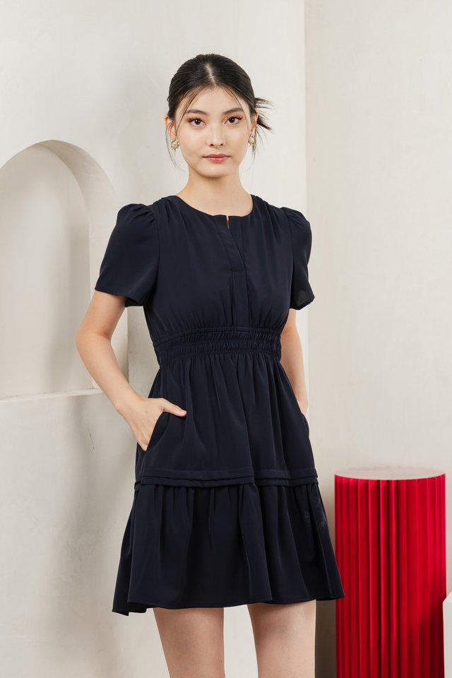 Mia Smocked Waist Pleated Dress In Navy