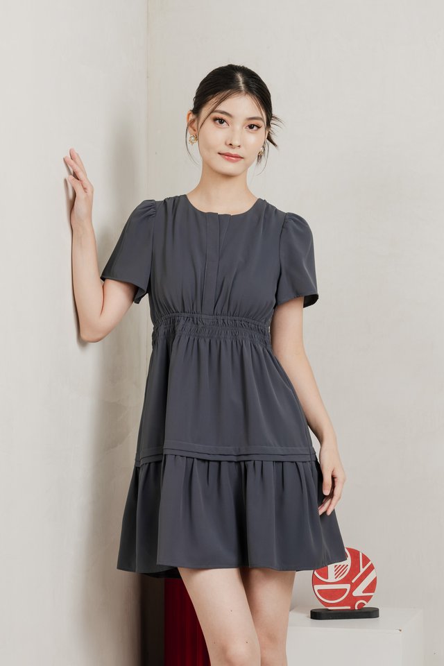 Mia Smocked Waist Pleated Dress In Gunmetal