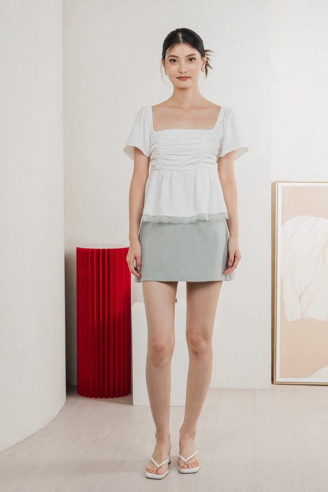 Mabel Ruched Lace Top In White