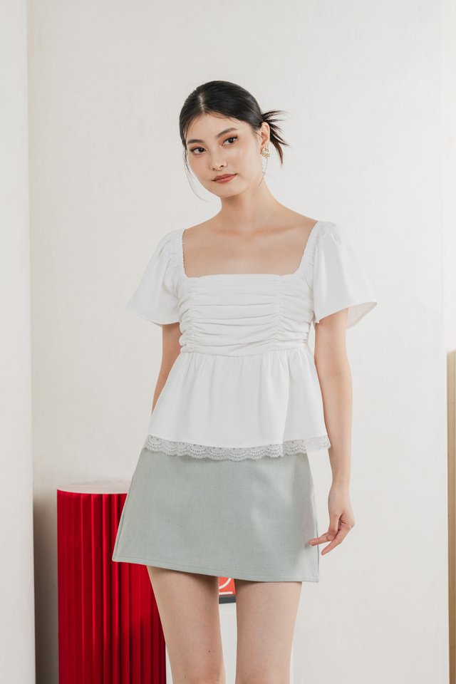 Mabel Ruched Lace Top In White