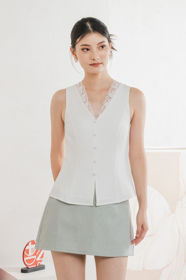 Lydia Lace Button Top In White