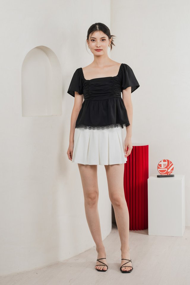 Mabel Ruched Lace Top In Black