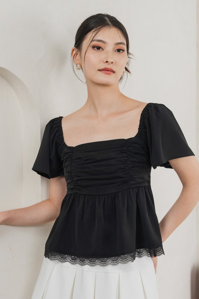 Mabel Ruched Lace Top In Black