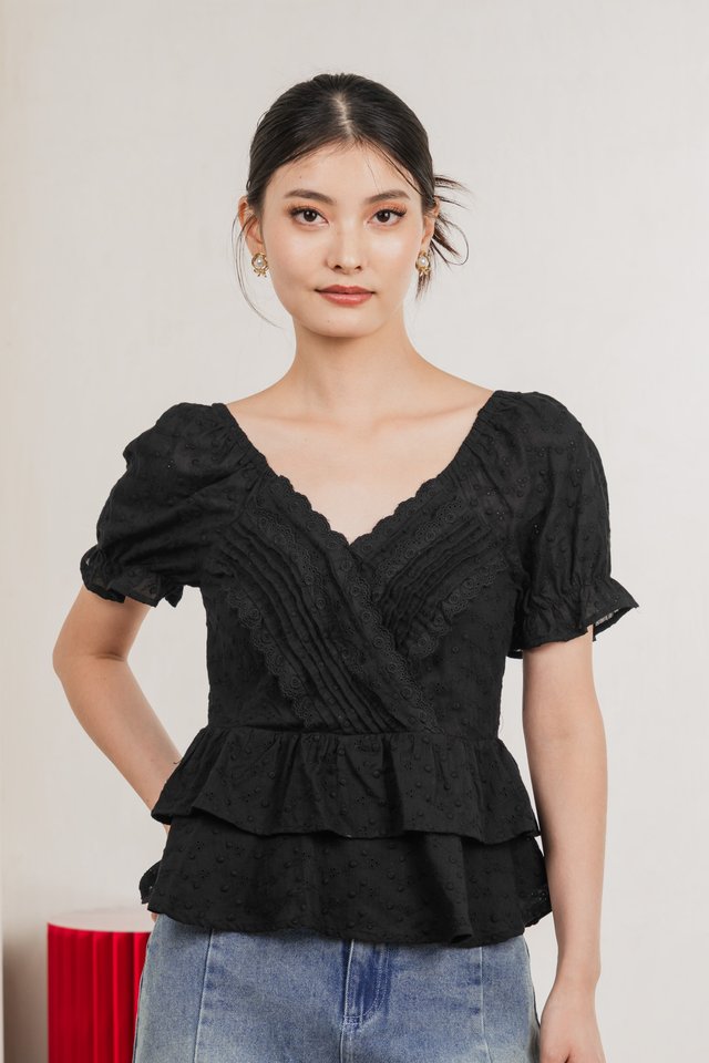 Natalie Eyelet Tiered Top In Black