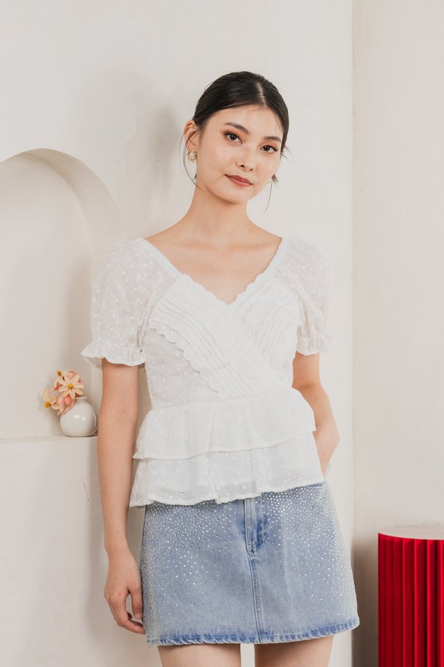 Natalie Eyelet Tiered Top In White