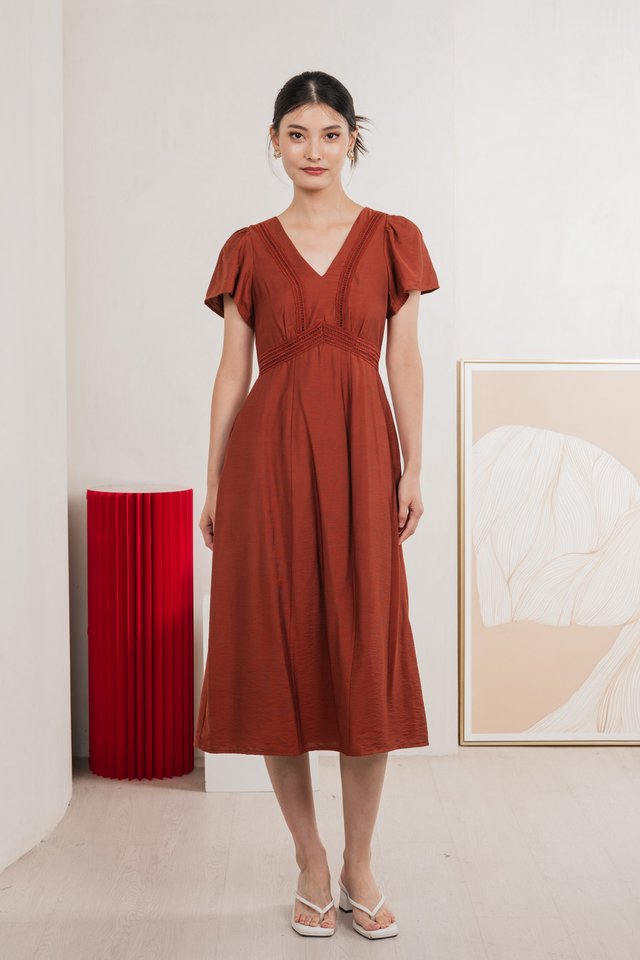 Remi Crochet Flare Sleeve Midi Dress In Rust
