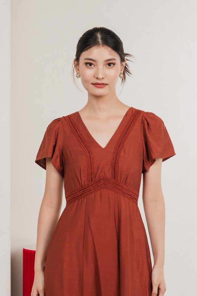 Remi Crochet Flare Sleeve Midi Dress In Rust