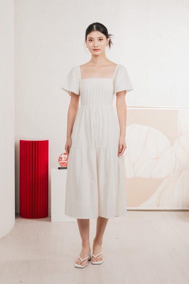 Jacqueline Crochet Pleated Midi Dress In Soft Ivory