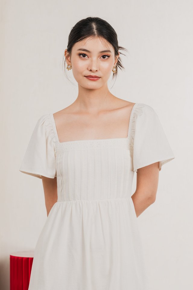 Jacqueline Crochet Pleated Midi Dress In Soft Ivory