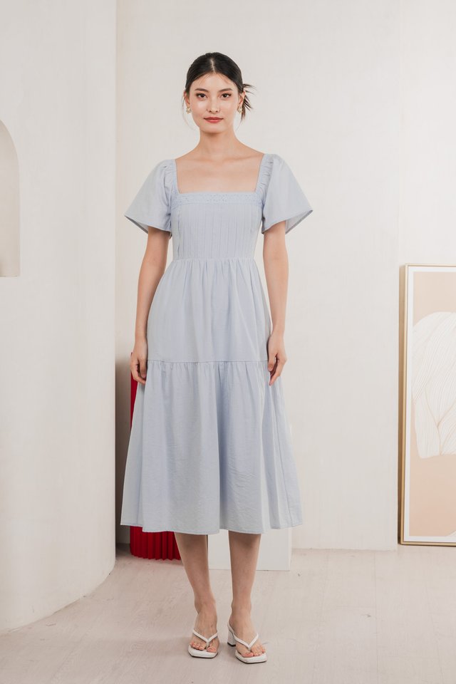 Jacqueline Crochet Pleated Midi Dress In Winter Blue