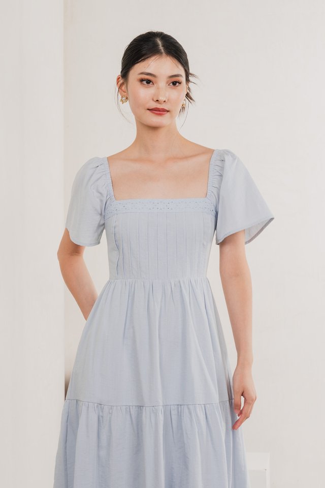 Jacqueline Crochet Pleated Midi Dress In Winter Blue