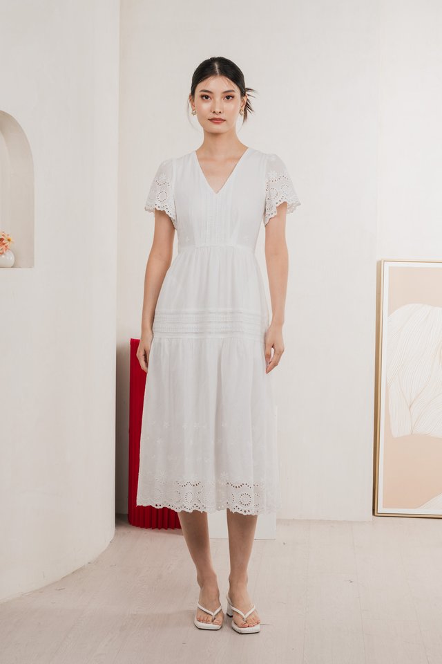Kathryn Crochet Eyelet Midi Dress In White
