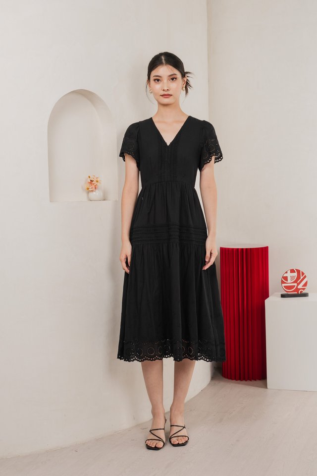 Kathryn Crochet Eyelet Midi Dress In Black