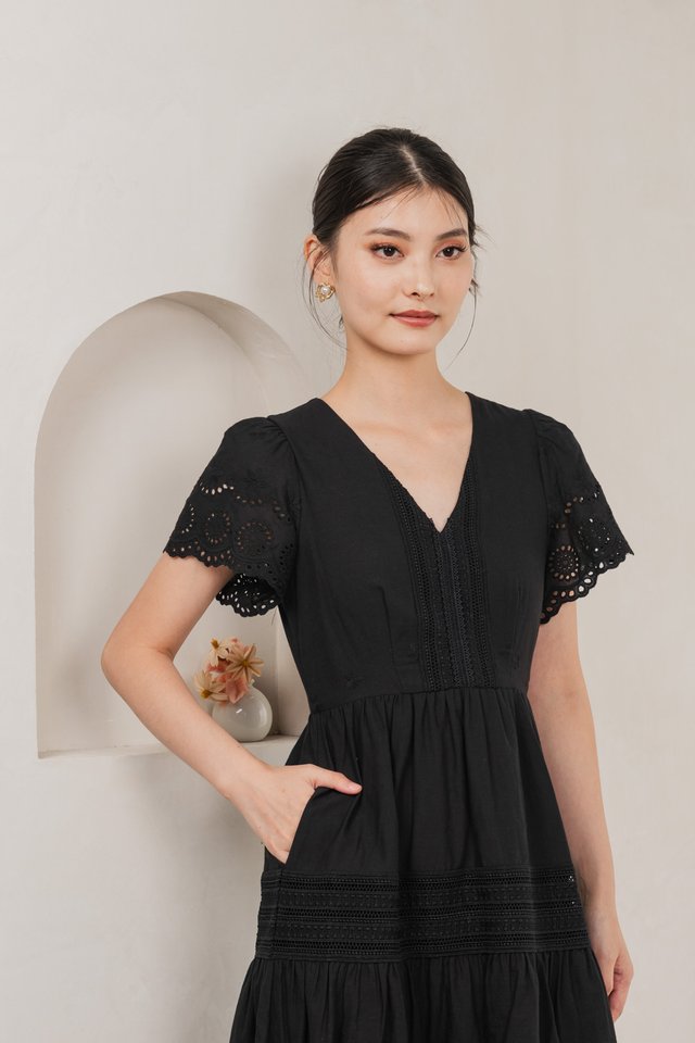 Kathryn Crochet Eyelet Midi Dress In Black