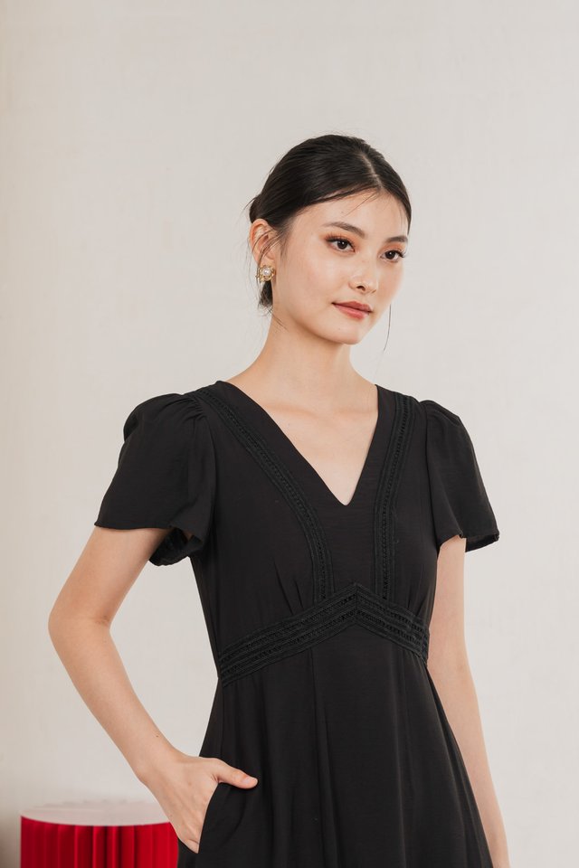 Remi Crochet Flare Sleeve Midi Dress In Black